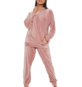 Winters wear drop shoulder warm custom print pink women velour tracksuit