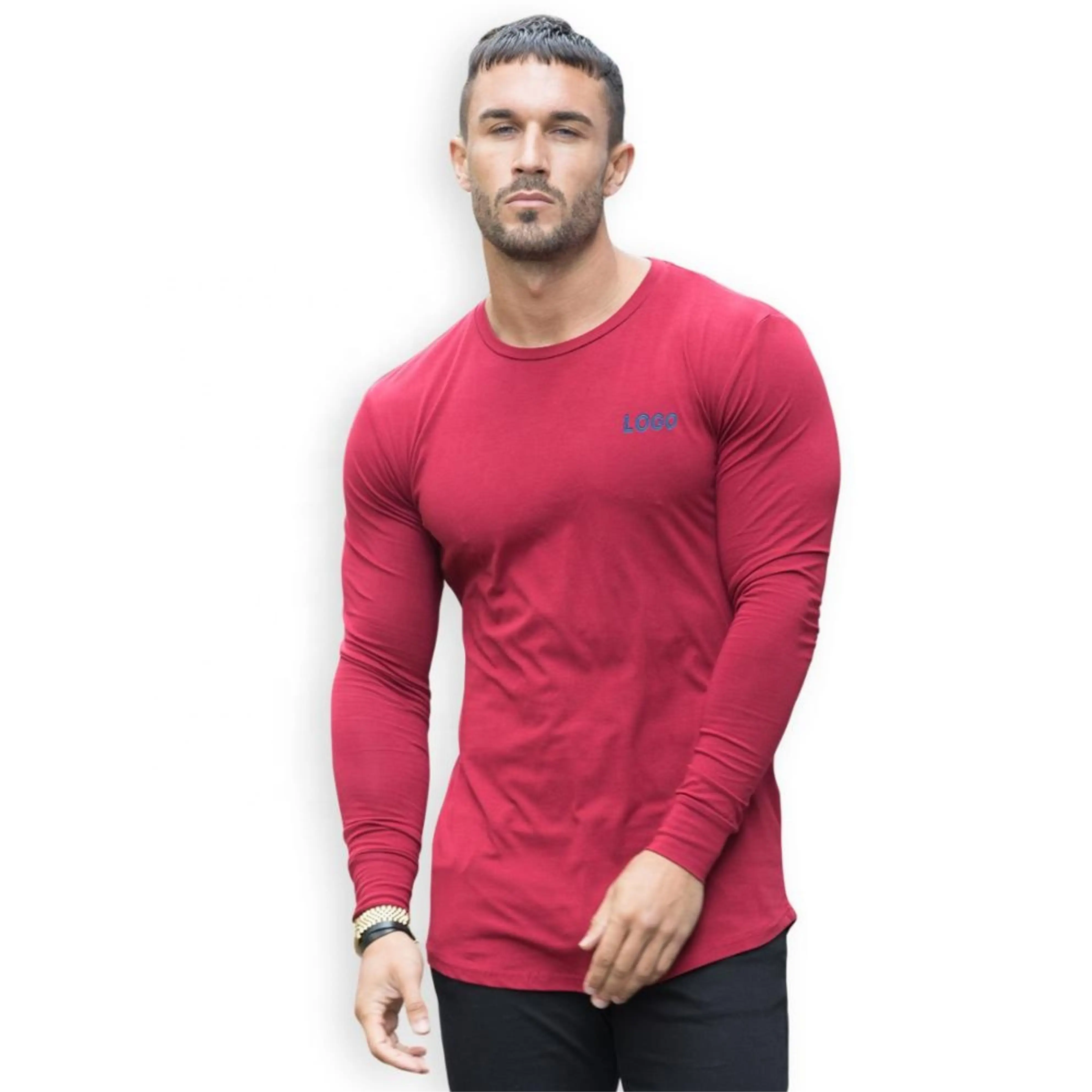 Plain Gym full sleeve custom cotton t shirts for men workout new design sports wear logo t-shirt