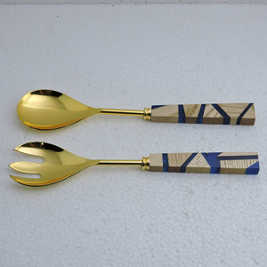 Resin & Wood Handle Gold Plated Latest Design Salad <b>Server</b> for Household Kitchen Cutlery Product Luxury Glossy Gold Salad <b>Server</b> - Product Image 3
