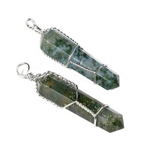 Colgante de cristal de doble terminación de ágata musgo hecho a mano con envoltura de alambre para trabajo de energía espiritual - Product Image 1