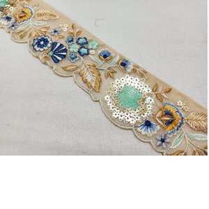 Encajes bordados en tonos beige y azul, bordado floral intrauditivo, adecuado para proyectos artesanales - Product Image 1