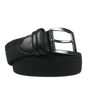 Braided Woven Elastic Stretchy Waistband Belt with Genuine Leather Inserts and Premium Metal Buckles Black and Patterns