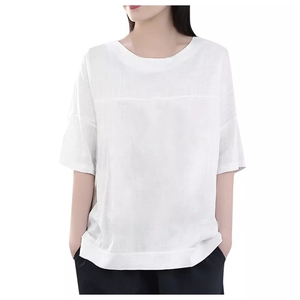 Wholesale Women's Plus Size Fashion Solid Cotton Linen O-Neck Loose T-<b>Shirt</b> Casual Summer Ladies Top - Product Image 3