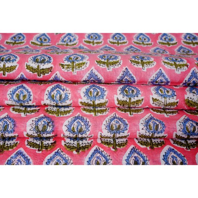 Tissu Indien Sanganeri En Coton - Imprimé à La Main Naturel - Motif Floral/animal - 1 Mètre (40x44 Pouces)