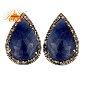 925 Sterling <b>Silver</b> and <b>Solid</b> Yellow Gold Pave Diamond & Pear Blue Sapphire Pear Shape Stud Earrings Jewelry Wholesaler - Product Image 1