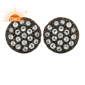 Pave <b>Set</b> Natural White Topaz Gemstone <b>Stud</b> <b>Earring</b> Black Rhodium Plated Round Shape <b>Stud</b> <b>Earring</b> <b>Silver</b> Jewelry Wholesaler - Product Image 1