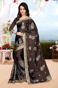 Bollywood Designer Saree Designer Miroir Travail Fleur Conception Tissu De Soie Doux Impression Numérique Marron Couleur Sari avec Blouse Inde Alphanumero - Product Image 6