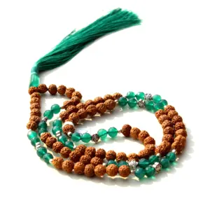 108马拉珠Rudraksha绿色玛瑙精神项链手工印度艺术家串珠项链