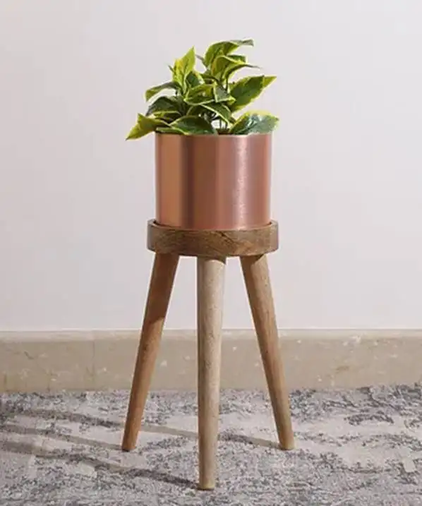 स्टाइलिश तांबे रंग धातु गार्डन दौर सजावटी टेबल फूल बर्तन और बागान इनडोर greenly उपयोग लकड़ी के स्टैंड के साथ बोने की मशीन