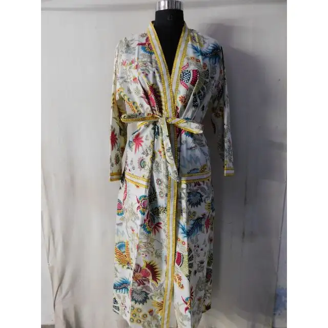 히피 긴 꽃 코튼 란제리 도매 디자이너 옐로우 블렌드 맥시 드레스 컴포트 착용 민족 수제 블록 인쇄 기모노