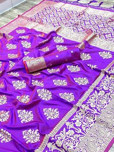 Sari en soie de litchi doux, blanc et bleu, avec broderie zari, sari traditionnel indien, sari en soie Banarasi Kanchipuram Royal Expo - Product Image 3