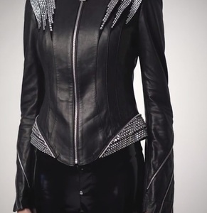Veste de soirée en cuir de mouton pour femme, blouson d'hiver avec fermeture éclair, de couleur noire, nouvelle collection 2021 - Product Image 4