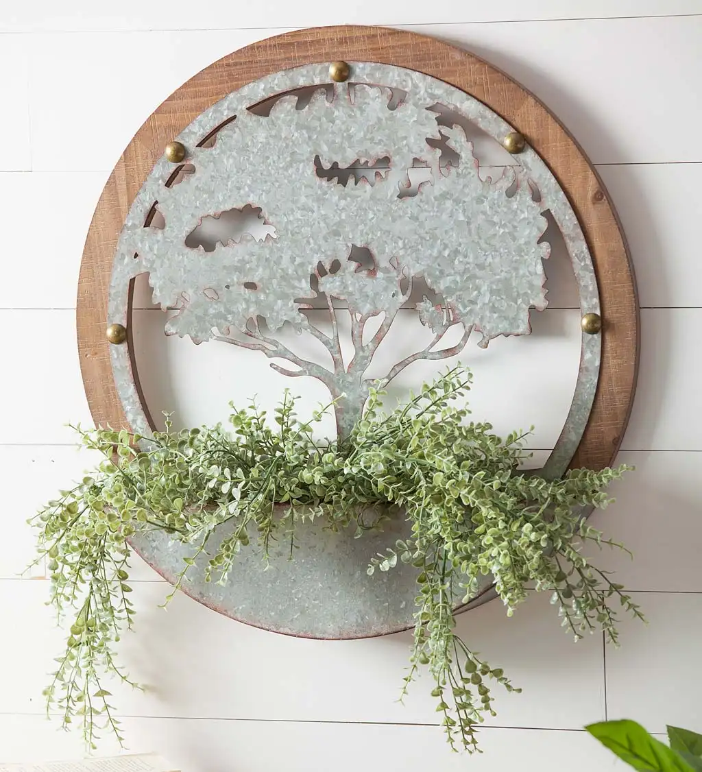 Round Tree Of Life Wood And Metal Wall Planter