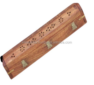 Brûleur d'encens en bois incrusté de laiton fait à la main et porte-bâton avec diffuseur d'aromathérapie sculpté sur support Agarbatti - Product Image 4