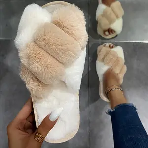 Mùa Đông Phụ Nữ Furry Dép Mềm Plush Cross Faux Fur Giày Phụ Nữ Trong Nhà Nền Tảng Sandalias Hở Ngón Fluffy Nhà Slides