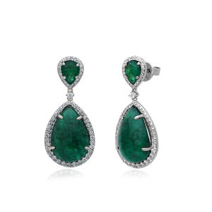 28 Ct Natural Emerald Gemstone Solid 14k Gold Designer Pave <b>Diamond</b> Drop <b>Dangle</b> <b>Earrings</b> Wedding Jewelry - Product Image 1