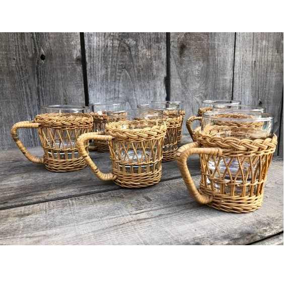 Best Selling Vintage Wicker Rattan Glass Mug Inserts with Glass Cup Holder Made in Vietnam