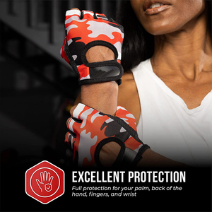 Guantes de levantamiento de pesas con estampado de camuflaje rojo para mujer, alta calidad, diseñados a medida para gimnasio y uso deportivo - Product Image 4