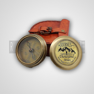 <b>Antiqued</b> Brass Pocket <b>Compass</b> with Leather Case Sun Clock Engraved Navigation <b>Compass</b> for Camping Hiking Touring Travel Gift - Product Image 2