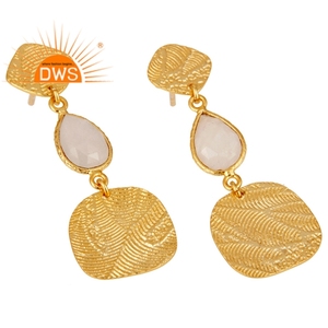 22k Gold Plated Texture Design Sterling Silver Drop Earrings Rainbow Moonstone Gemstone Earrings Jewelry Supplier - Product Image 2