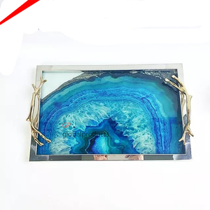 Unique Attractive Design Gold Metal Serving Tray with Agate Marble Handles Serving Tray <b>Tabletop</b> Decor - Product Image 4