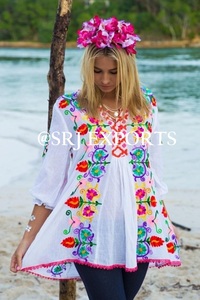 Exclusive Chain Stitch Embroidery Lace Hem Beachwear Mini Tunic Bath Suit Cover Ups Summer Dress Beach Perspective <b>Blouse</b> Robe - Product Image 3