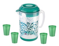 Carafe en plastique de qualité alimentaire sans BPA, compatible micro-ondes, avec couvercle et poignée latérale - 2600 ml (88 oz) 4 gobelets en plastique de 300 ml écologiques
