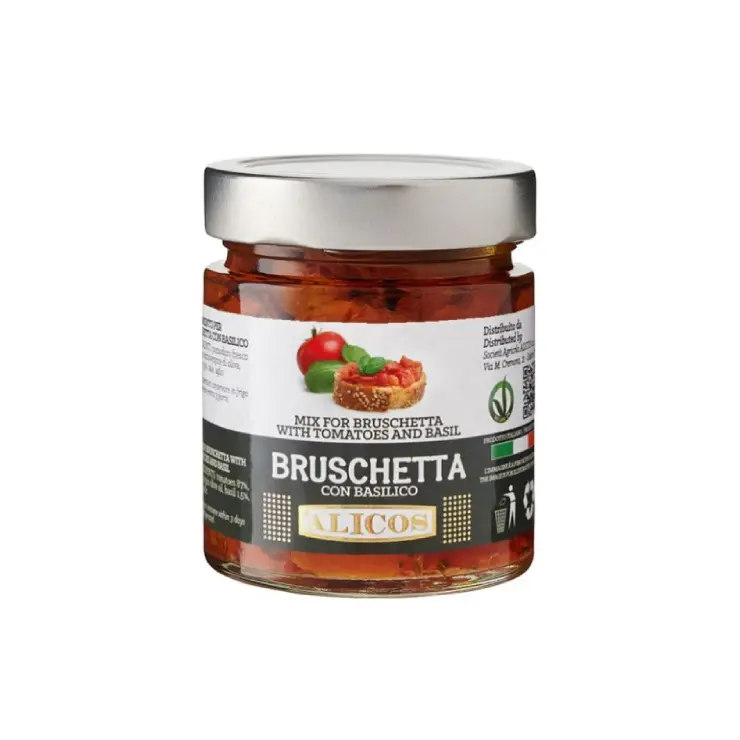 조미료를 위한 신선한 토마토와 바질 소스를 가진 bruschetta를 위한 단지 음식 혼합을 먹을 준비되어 있는 이탈리아에서 만드는