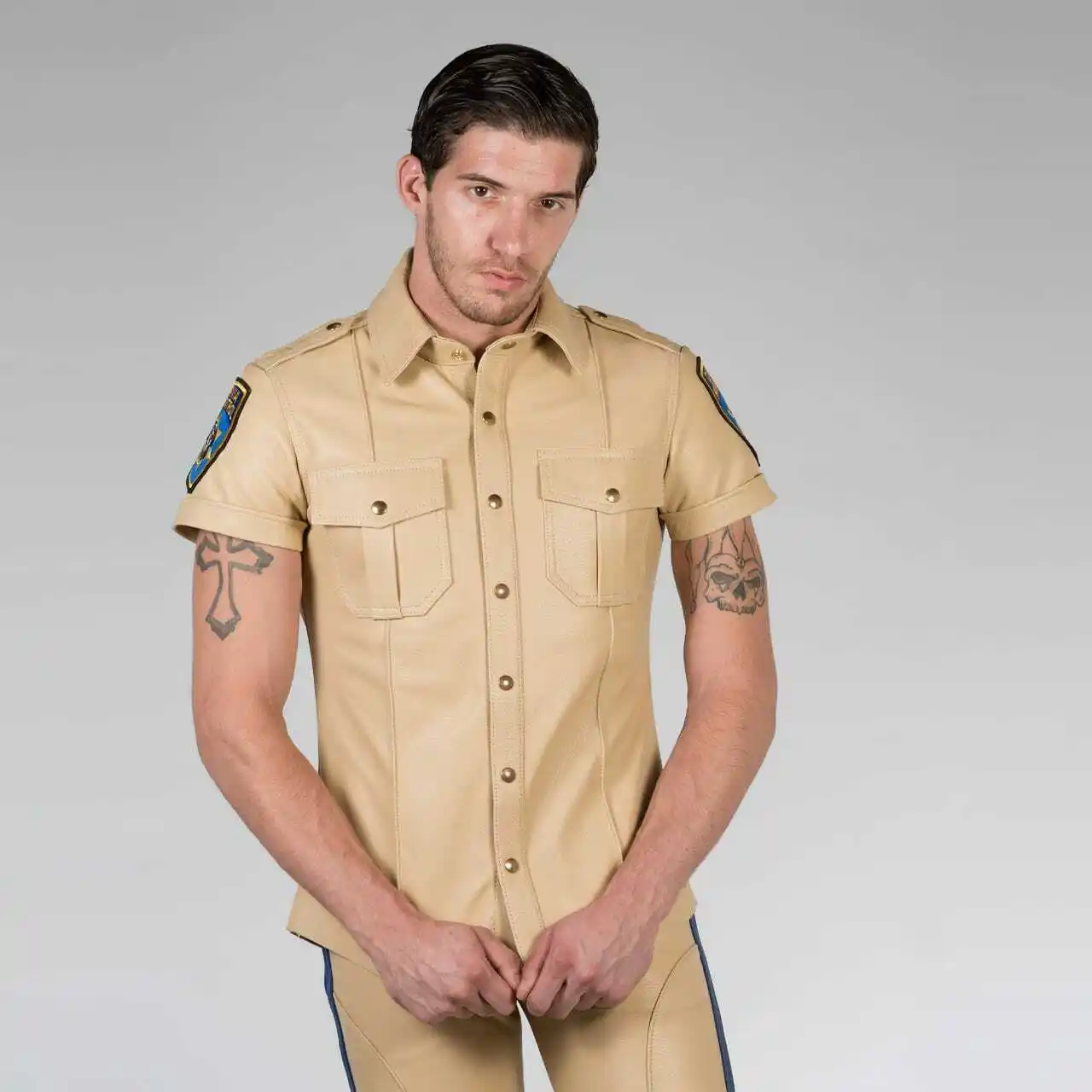 Mannen Hot Sexy Echt Beige Schapenvacht Lederen Uniform Shirt Gay Herfst Winter Mannen Leren Shirt Beste Kwaliteit Heren Leren Shirt