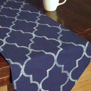 Modern Geometric Printed Table <b>Runner</b> Navy <b>Blue</b> with Silver Pattern Washable Polyester Home Decor - Product Image 1