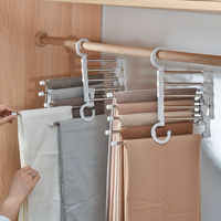32*14cm cintre multifonctionnel en acier inoxydable pliant télescopique pantalon support innovant cinq-en-un stockage étendoir pantalon Ra