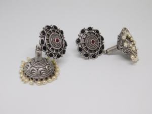 Latest designer <b>fashion</b> brass silver look alike <b>hoop</b> flower stone stud jhumka <b>earings</b> for women and girls - Product Image 4