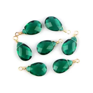 Genuine supplier gemstone connectors jewelry 24k gold plated wire wrapped checker cut green quartz single bail connector charms