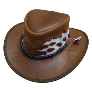 Western Cowboy Hat Custom Logo Hair On Hide Crown Cowhide Leather Hat New Mens Fashion Headwear Pull Up Cow Split Leather Hats