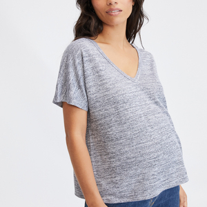 Vintage V-Neck Short Sleeve T-shirt 2021 Woman Slim Header Grey Color T Shirt Summer Tops For Women - Product Image 3