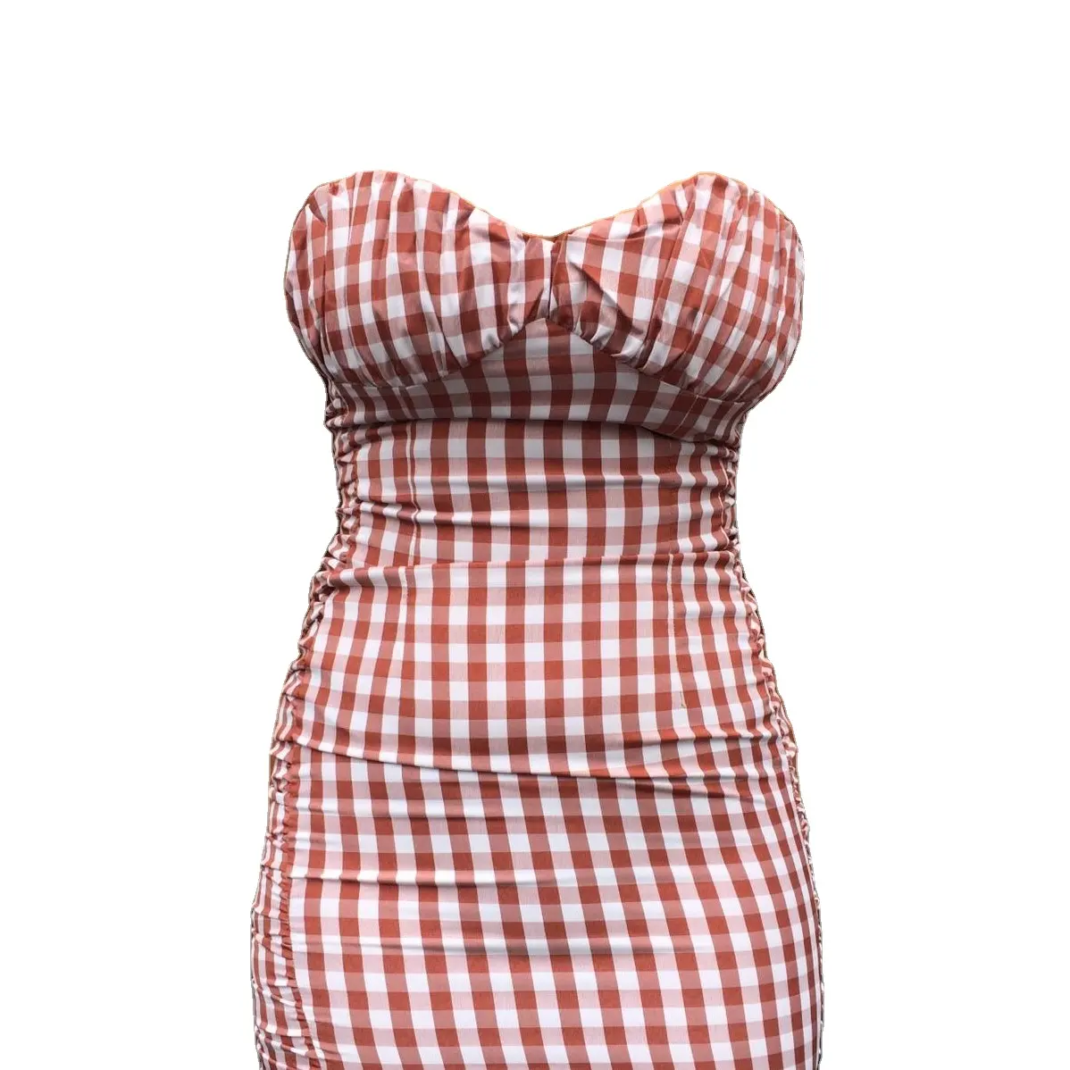 New Arrival Customized Gingham Print Ruched Bust Side Gathered Sexy Low Back Casual Sleeveless Fancy Mini Bodycon Dress