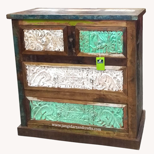 Commode vintage en bois massif de bateau indien récupéré, quatre tiroirs, fabriquée à la main au Rajasthan - Product Image 3