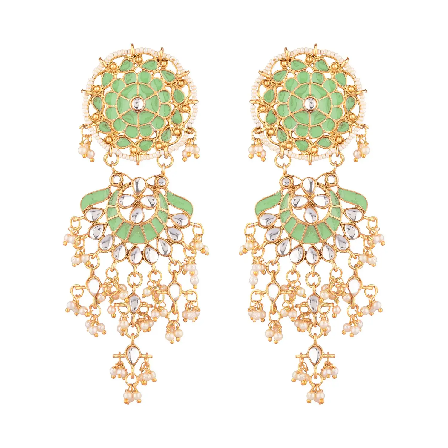 Indian Jewelry Bollywood Antique Beaded Crystal Kundan Floral Big Dangle Chandelier Earrings Set