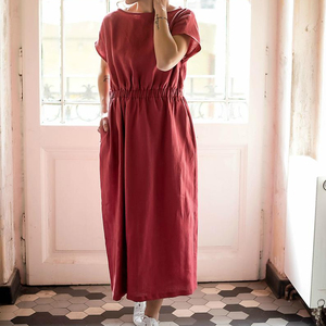 Robe midi noire 100 % lin avec doublure en coton, col rond, manches courtes, taille élastique, coupe ample, formelle, tissée, couleur unie, pour l'été - Product Image 3