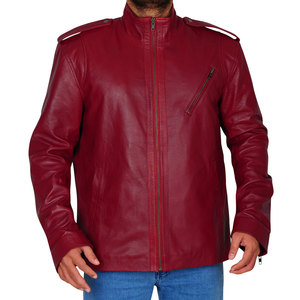 แจ็กเก็ตหนังสีแดงสำหรับผู้ชาย, แจ็กเก็ตหนังสำหรับฤดูหนาวแบบมีซิปพร้อมขนสัตว์ลายพิมพ์สีพื้นขนาดพิเศษดีไซน์ใหม่ - Product Image 4