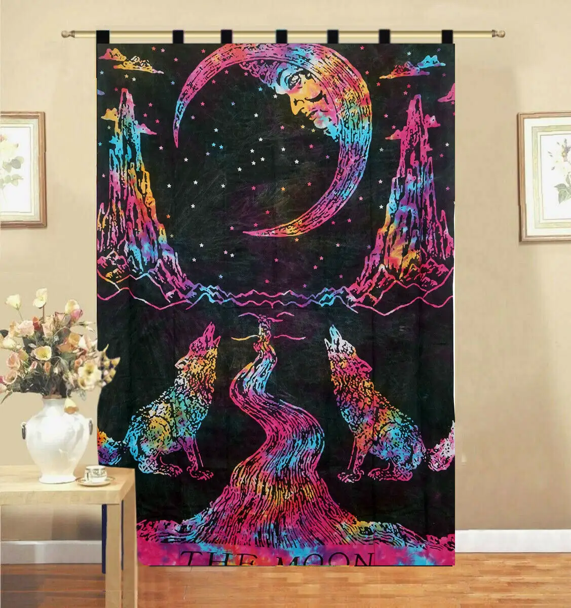 Cortina de algodón con cenefa para puerta y ventana, cortina pequeña de Mandala, Luna, Yoga, Buda, un solo Panel hermoso