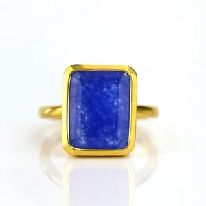 Blue Jade Rectangle Shape Bezel Set Gold Vermeil Ring