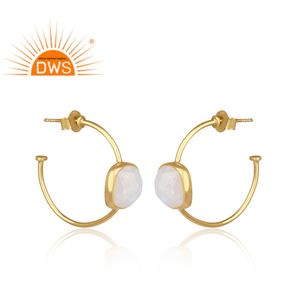 925 plata esterlina 18K chapado en oro arcoíris natural piedra lunar piedra preciosa aro pendiente joyería fabricante - Product Image 2