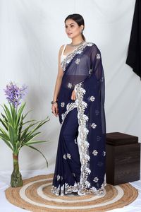 <b>Beautiful</b> Black Georgette Viscose Thread Work Partywear Saree for Wedding and Party for Women - Product Image 3