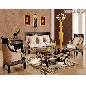 Set Sofa 5 Tempat Duduk Ruang Tamu, Tampilan Berkelas, Set Sofa Formal Royal Hitam Metalik Hasil Ukiran Modern Hitam