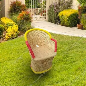 热销竹制手工宝座椅圆形，红色黄色编织边，适合花园客厅客厅批发