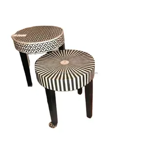 Best Quality Bone Inlay Side Table Design Stool in Black Bone Inlay Side Table from India for Living Room 2 pieces Furniture