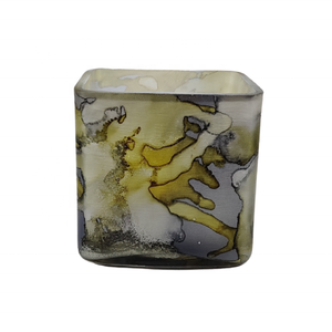 Custom Blown Grey-Yellow Marbleized Fancy High-Quality Handmade Decorative Multi-purpose <b>Small</b> Square Petal <b>Candle</b> Glass Votive - Product Image 1