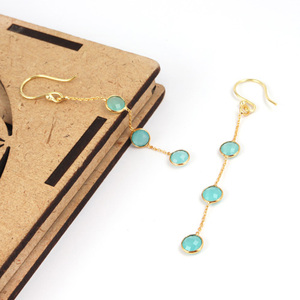 Boucles d'oreilles en pierre, 1 pièce, minimaliste, culotte soucoupe de calcédoine d'eau, or/argent, triple pierres suspendues, chaîne, goutte, vente en gros - Product Image 6