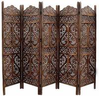 Paravent vintage en bois brun, écran de séparation d'espace, écrans d'intimité faits à la main, forme ovale polie, grand motif nature morte, artisanat Calvin